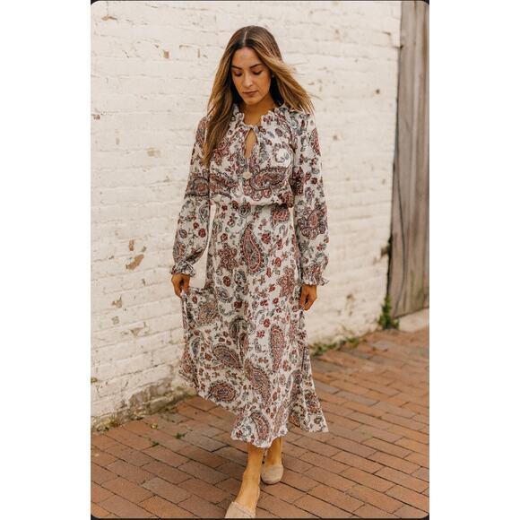 Banana Republic Paisley Print Tie Neck Dress Long Sleeve Boho Chic Midi Flowy 14 - Picture 2 of 10